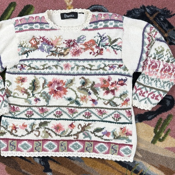 Vintage Sweaters - Vintage Floral Knit Sweater - Cream, Pink, Green
